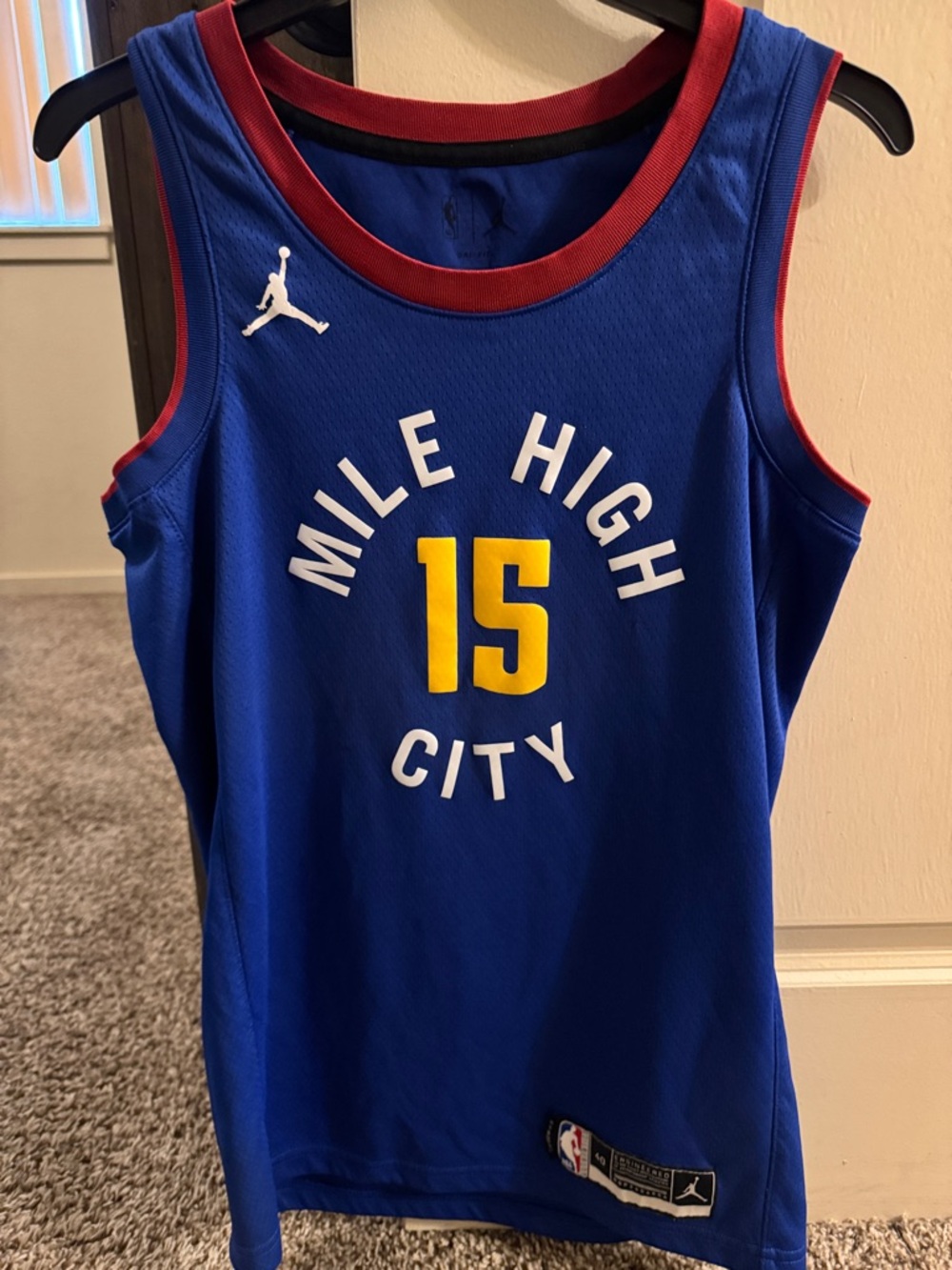 Jordan Blue Basketball Jersey with Yellow Number and Red Trim